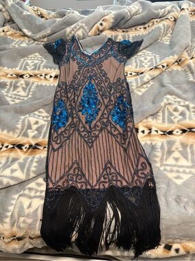 Black Fringe Midi Dress with Blue Sequin Embellishment